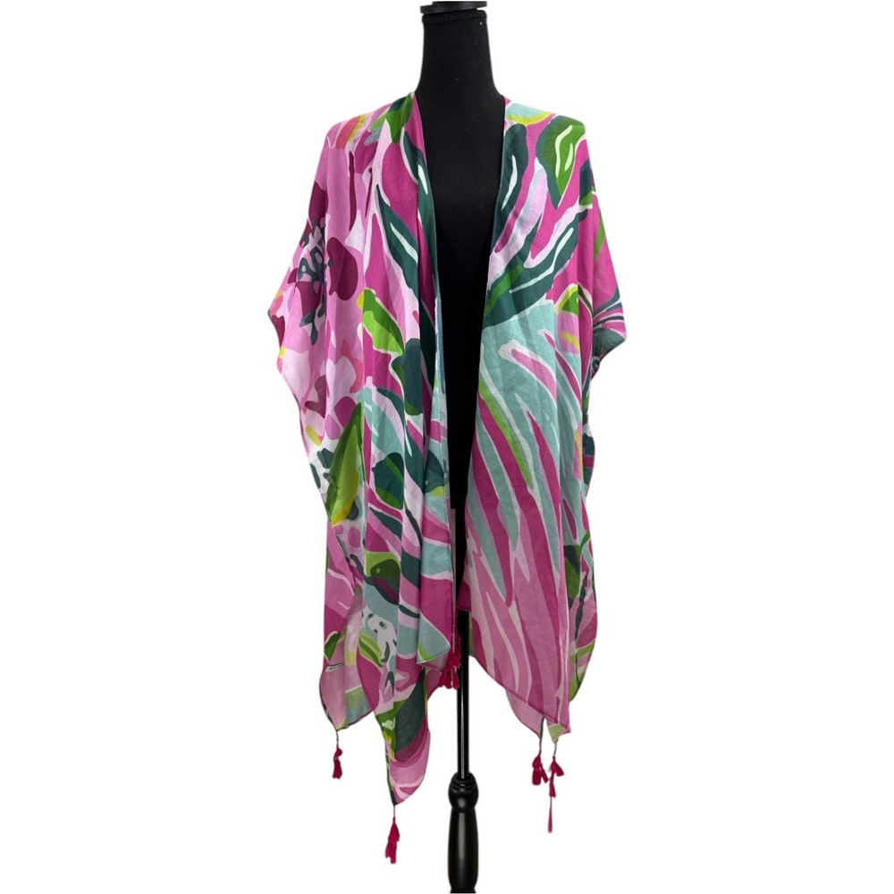 Riah Fashion Loa Angeles Pink Green Blue Floral Tassels‎ Kimono OS Beachy Boho